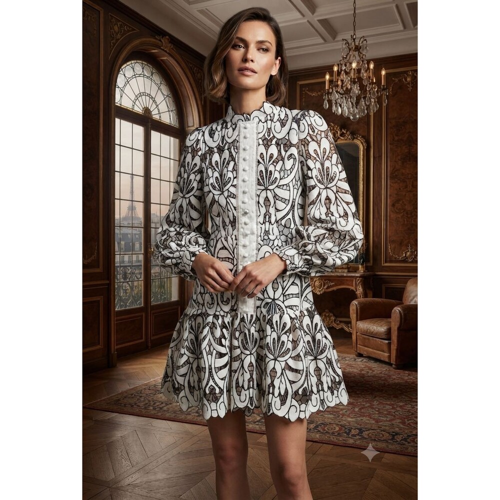 LEA Collection White Lace Mini M High Neck Lantern Puff Sleeve Guipure Contrast